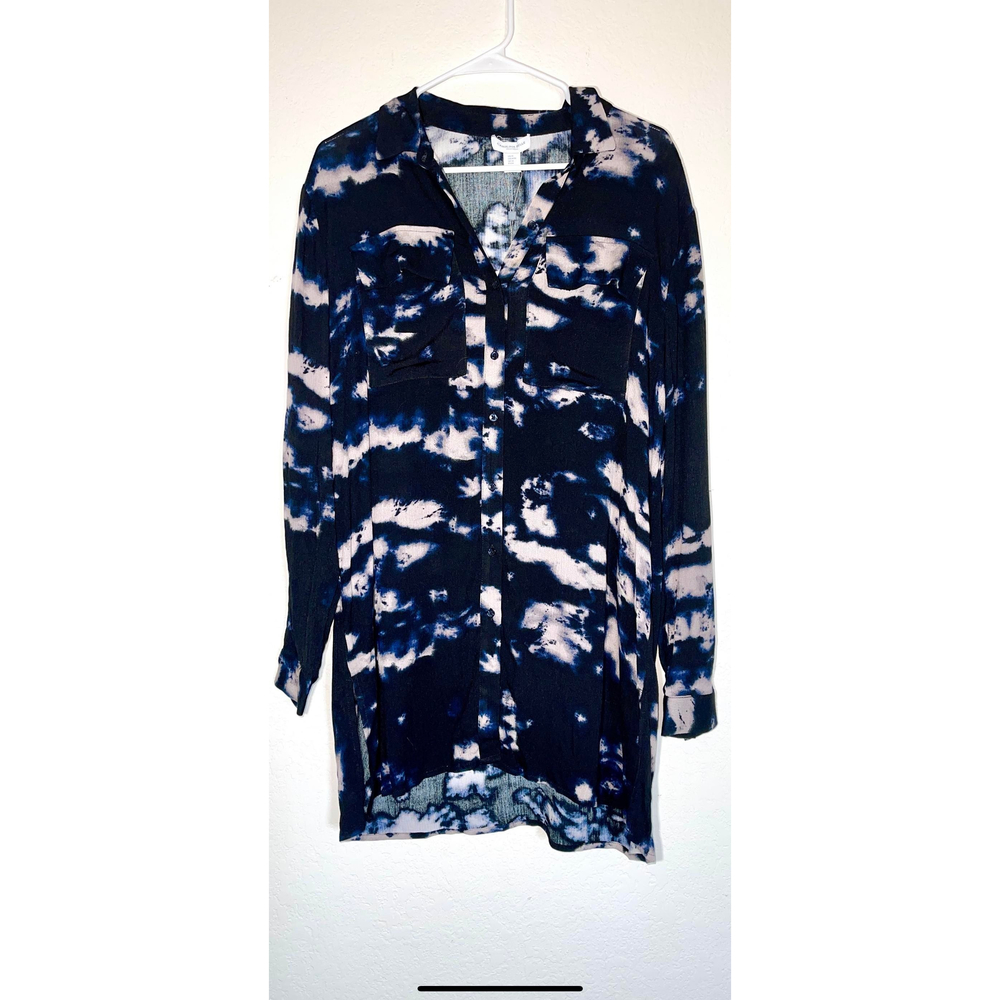 NWT Carolina Belle Blouse - Black / Tan / Blue Button Down Collared Tie-Dye Top
